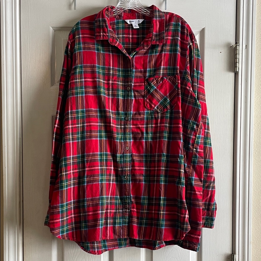 Old Navy The Tunic Shirt Size XXL Tall Red Plaid Flannel Button Down